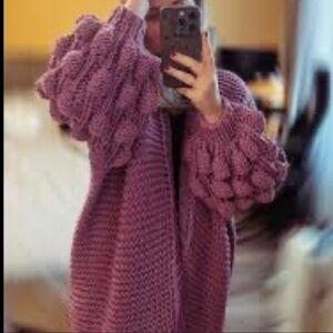 HANDKNIT oversized cardigan sweater balloon sleeves bobble detailing magenta XXL